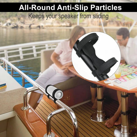 Adjustable Strap Speaker Mount For Bike, Golf Cart, And Boat Rails attached on boat showing anti-slip particles and universal fit