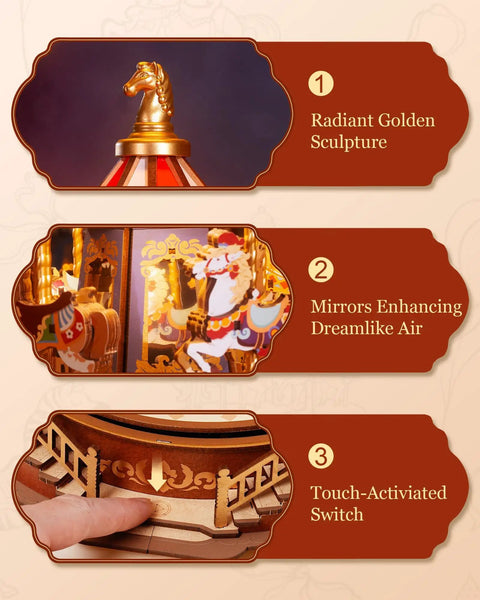 Wooden 3D Puzzle Carousel Music Box Kit With Lights For Adults details: golden sculpture, mirrors, touch switch features.