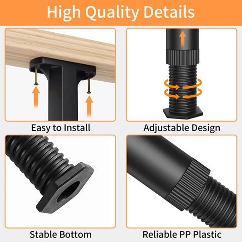 High-quality details of Heavy Duty Adjustable Bed Support Legs Eight Pack showcasing installation, adjustable design, stable bottom, and PP plastic.