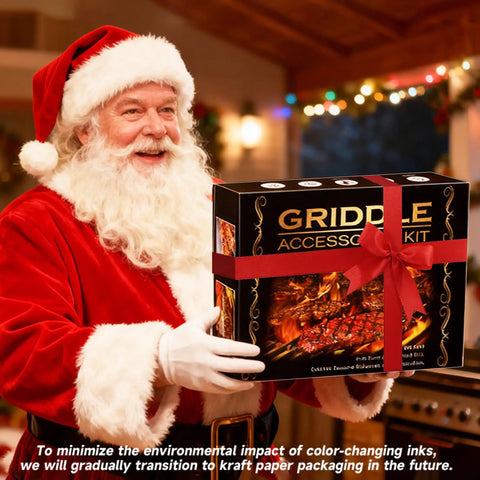 Santa holding Griddle Accessories Kit For Blackstone Griddles, 28 Piece Hibachi Tools Set gift box tied with red ribbon.
