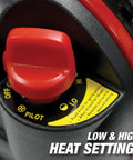Close-up of the control knob showing heat settings for Outdoor Portable Propane Heater With 4,000 To 9,000 BTU Radiant Heat For Spaces Up To 225 Sq Ft MA Canada Approved Clean Burning And High Efficiency With Auto Shutoff If Tipped Or Pilot Light Extinguished.