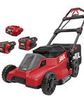 Top Shelf 40V Brushless Self Propelled Lawn Mower With 20 Inch Cutting Deck And Smart Caddy Storage, includes dual batteries.