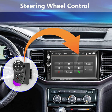 Dashboard view of Double Din Car Stereo With 7 Inch HD Touch Screen showing wireless steering wheel control feature.