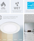 Badass 6 Inch Led Round Recessed Downlight 5CCT Selectable 14W 1200 Lumens IC Rated Airtight Housing 120V to 277V with color temperature switch.