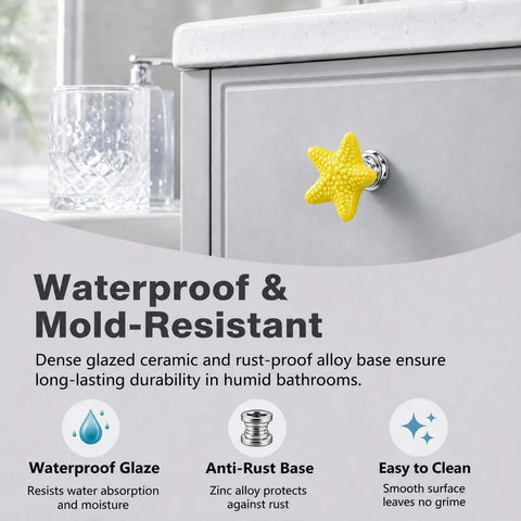 Super Legit And Totally Dope Four Piece Set Of Yellow Starfish Drawer Knobs Built With Heavy Duty Zinc Alloy And Glossy Ceramic For Quick Coastal Bedroom Vanities And Beach House Cabinet Revamps on a bathroom cabinet.