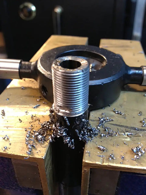 Beefy Pro Grade High Carbon Steel Fractional Hex Die One Quarter Inch By Twenty NC For Precision Threading, installed on rod