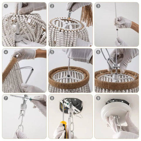 Assembly process of Four Light Wood Beaded Boho Farmhouse Pendant Chandelier With Tassels In White Rustic Bohemia Style for various rooms