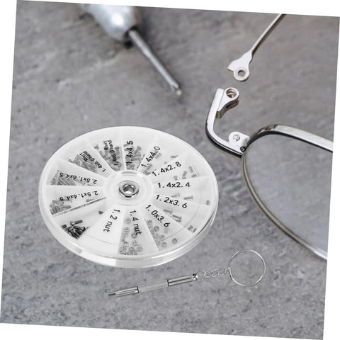 Two Pack Eyeglass Repair Kit With Screws And Screwdriver In A Grab And Go Compact Storage Case on gray surface