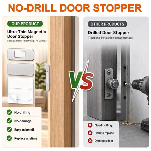 Comparison of 8 Pack Cabinet Magnets For Closure And Magnetic Door Catch with traditional door stoppers; no-drill installation shown.