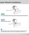 Caster wheels installation guide for Mobile Standing Desk On Wheels With Drawer, 28 Inch Rolling Laptop Cart, showing steps and tools.