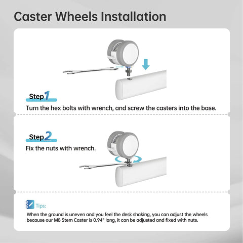 Caster wheels installation guide for Mobile Standing Desk On Wheels With Drawer, 28 Inch Rolling Laptop Cart, showing steps and tools.