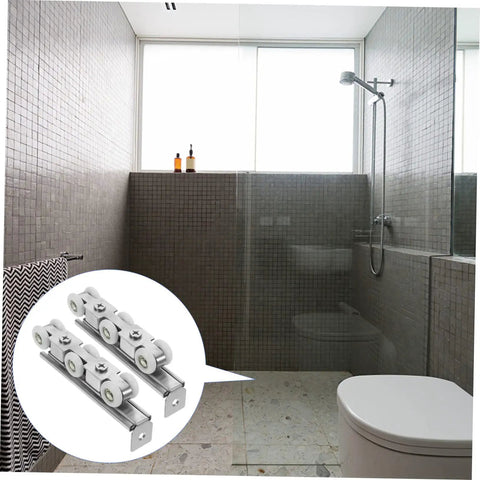 Top Tier Sliding Barn Door Track Roller System With Whisper Quiet Wheels For Kitchen Pantry Bathroom Or Master Bedroom Room Divider Easy Snap Install, shown in modern bathroom.