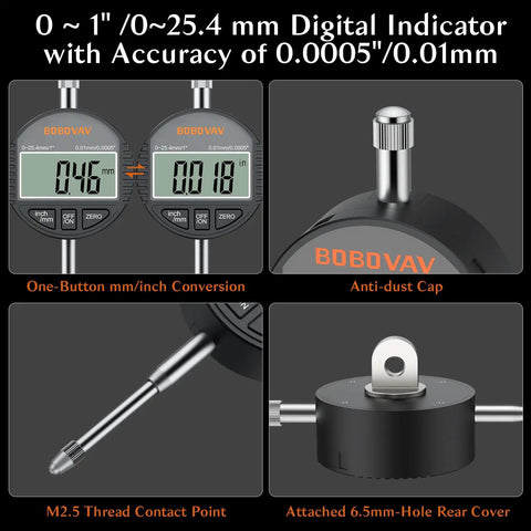 Close-up of digital dial indicator for Table Saw Alignment Gauge With Digital Dial Indicator 0.0005 Inch Resolution, CNC machined aluminum.