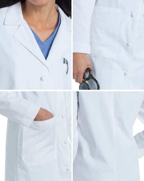Womens Knot Button Lab Coat 36 And A Quarter Inch White Work Ready Scrub Coat With Fabric Knot Closure Missy Fit Notched Collar Long Sleeves