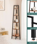 Deadly Solid 5 Tier Corner Bookcase With Heavy Steel Frame And Thick Rustic Wood Shelves, showcasing items in modern corner setup.