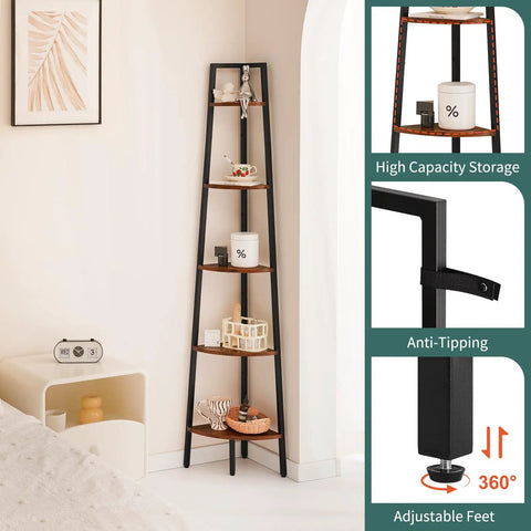 Deadly Solid 5 Tier Corner Bookcase With Heavy Steel Frame And Thick Rustic Wood Shelves, showcasing items in modern corner setup.
