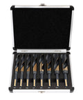 Reduced Shank Drill Bit Set For Metal Wood Plastic, 8 Sizes From 9/16 To 1 Inch, HSS M2 With Titanium Black Nitride Coatings in case
