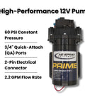 High-performance 12V pump with 60 PSI pressure, 2.2 GPM flow rate, and 3/4" quick-attach ports for sprayer systems.