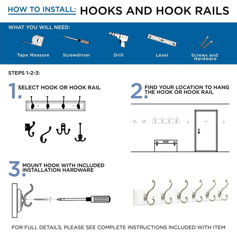 Installation steps for 27 Inch Wall Mount Coat Rack With 6 Hooks In Pure White Heavy Duty Hat Rack for foyer or entryway.