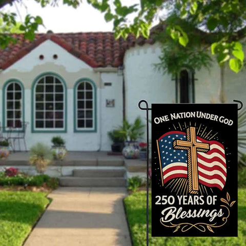 Blessings America Garden Flag 12x18 Burlap Double Sided All American Patriotic Cross Design With American Flag in front yard