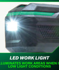 Close-up of LED work light on cordless oscillating multi-tool for DIY pros with 6 speed settings, low vibration design.
