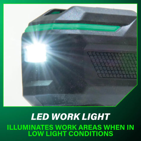 Close-up of LED work light on cordless oscillating multi-tool for DIY pros with 6 speed settings, low vibration design.