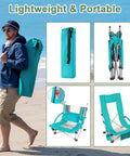 Person carrying High Back Beach Chair For Camping And Tailgating, Ultra Lightweight Yet Heavy Duty Support, in green bag