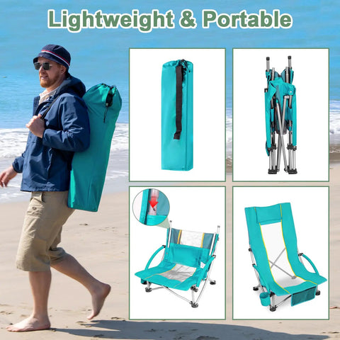 Person carrying High Back Beach Chair For Camping And Tailgating, Ultra Lightweight Yet Heavy Duty Support, in green bag