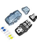 Heavy Duty Fuse Distribution Combo Block For Dual Amplifier Ground Wiring Zero To Four Gauge Input Twin Output Terminals with polycarbonate caps