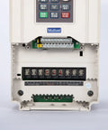 Interior view of VFD 220V 7.5kW 32A 10HP Inverter Drive showing wiring terminals for CNC spindle motor.