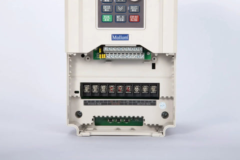 Interior view of VFD 220V 7.5kW 32A 10HP Inverter Drive showing wiring terminals for CNC spindle motor.