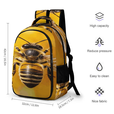 Golden Floral Bee Printed Unisex Backpack With Large Capacity, Lightweight And Durable Polyester Daypack For Travel, Size 12.6x7.3x16.5 in