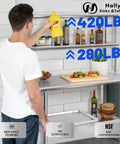 Double Overshelf Stainless Steel Shelf 12x72 Inch Two Tier Heavy Duty Storage Rack With Adjustable Upper And Lower Shelves For Kitchen Garage Workshop Bar Restaurant Laundry School, shown in kitchen