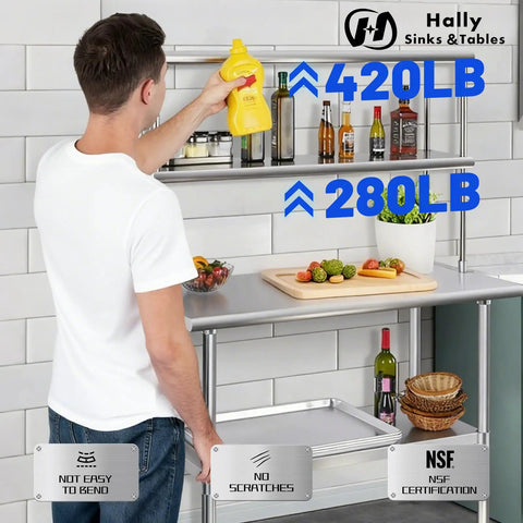 Double Overshelf Stainless Steel Shelf 12x72 Inch Two Tier Heavy Duty Storage Rack With Adjustable Upper And Lower Shelves For Kitchen Garage Workshop Bar Restaurant Laundry School, shown in kitchen