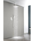 16" Rain Systems Wall Mounted Shower with a rain showerhead and hand shower, white brass construction, installed in a modern bathroom.