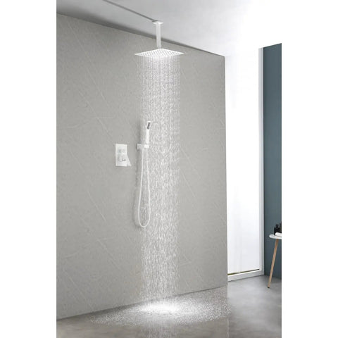 16" Rain Systems Wall Mounted Shower with a rain showerhead and hand shower, white brass construction, installed in a modern bathroom.