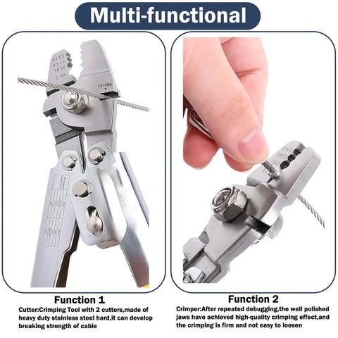 Heavy Duty Wire Rope Crimping Tool Kit With 100 Ft One Sixteenth Inch Stainless Steel Cable, crimping pliers close-up