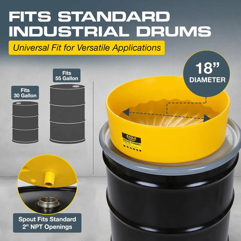 Yellow Pro Grade Spill Reducing Drum Transfer Funnel for 30 and 55 gallon drums, 18 inch diameter shown fitted on drum