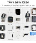Magnetic Project Mat And Screw Organizer Pad For Electronics Repair with 20-section layout holding small electronic parts visible