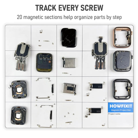 Magnetic Project Mat And Screw Organizer Pad For Electronics Repair with 20-section layout holding small electronic parts visible