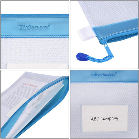 Four Pack Durable Letter Size Waterproof Mesh File Bags For Documents And Everyday Carry Zipper Pouch Organizers In Blue
