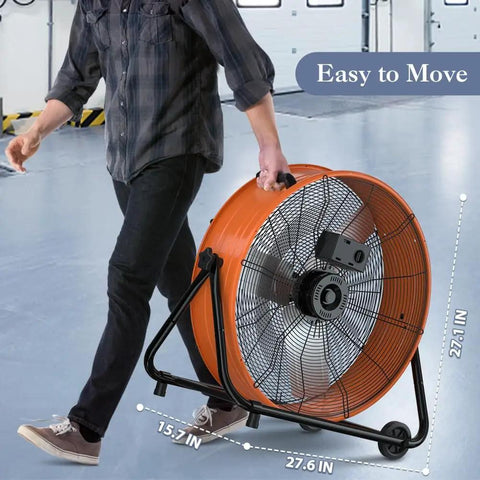 Person moving Beefy Heavy Duty 24 Inch Industrial Drum Fan High Velocity Floor Fan With 3 Speed Settings Tilt Adjustable.