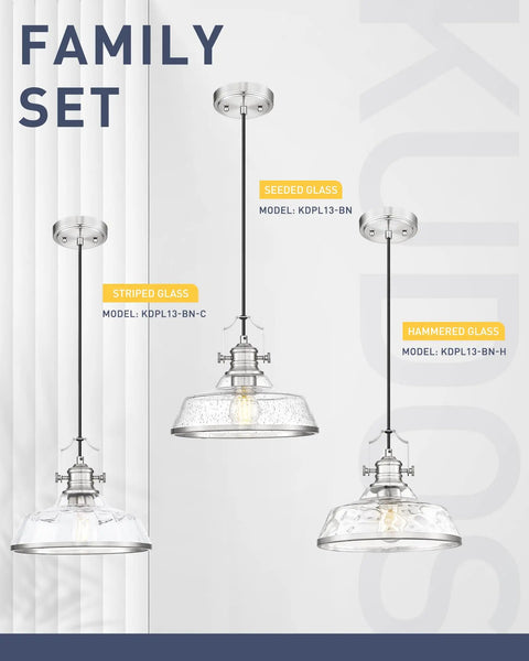 kudos 11 Inch Brushed Nickel Clear Striped Pendant Light, KDPL13-BN-C shown on display with seed and hammered glass models.