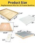 Natural Wood 10 Frame Langstroth Beehive Parts Kit showing telescoping top cover, inner cover, plastic queen excluder, dimensions labeled.