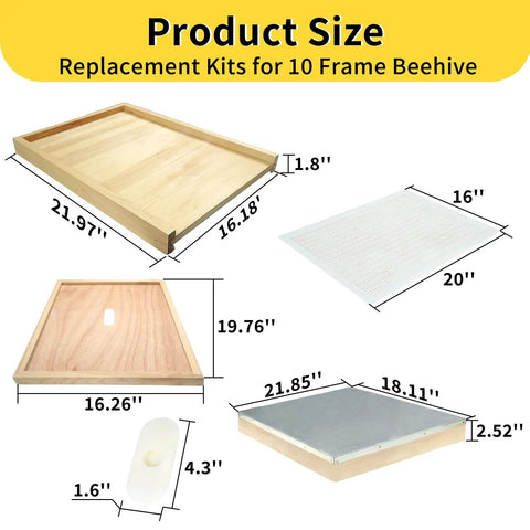 Natural Wood 10 Frame Langstroth Beehive Parts Kit showing telescoping top cover, inner cover, plastic queen excluder, dimensions labeled.
