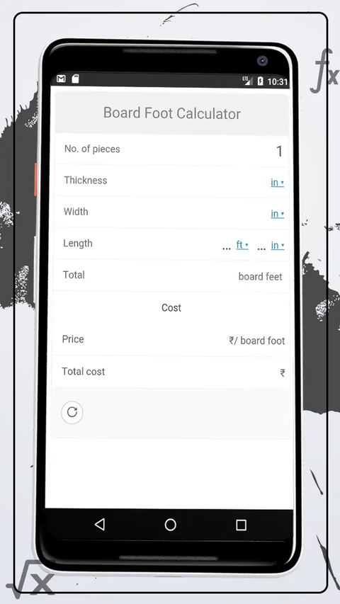 Digital Board Foot Calculator for lumber measurement, displaying inputs for thickness, width, length, and cost.