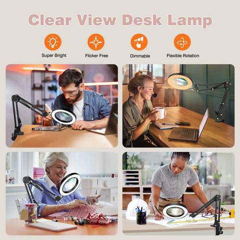 People using Go-To Desk Magnifier Lamp With Clamp Stand 10X-5X HD Loupe Hands Free Light for various tasks