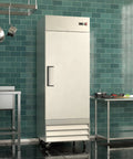 Heavy Duty Commercial Reach In Freezer 29 Inch Single Door Stainless Steel Cabinet in a professional kitchen setting.