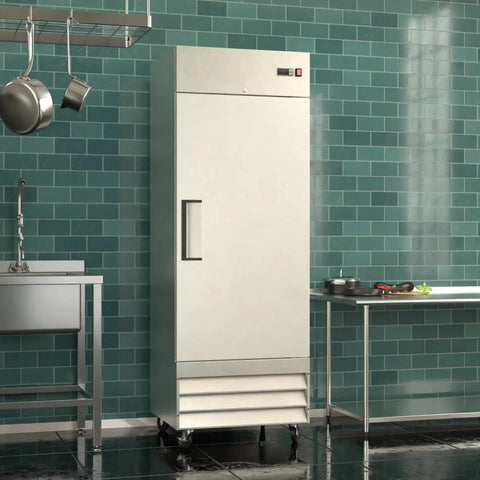 Heavy Duty Commercial Reach In Freezer 29 Inch Single Door Stainless Steel Cabinet in a professional kitchen setting.