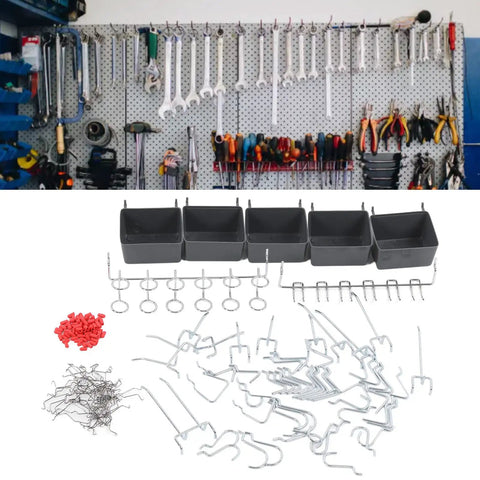 Heavy Duty Pegboard Hooks Set 114-Piece Universal Pegboard Accessories Kit with Bins and Locks for Garage Workbench Kitchen displayed
